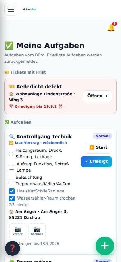 Hausmeister-App: Checkliste einer Aufgabe wird Punkt für Punkt abgehakt, dann als erledigt gemeldet – mit Standortbestätigung am Objekt