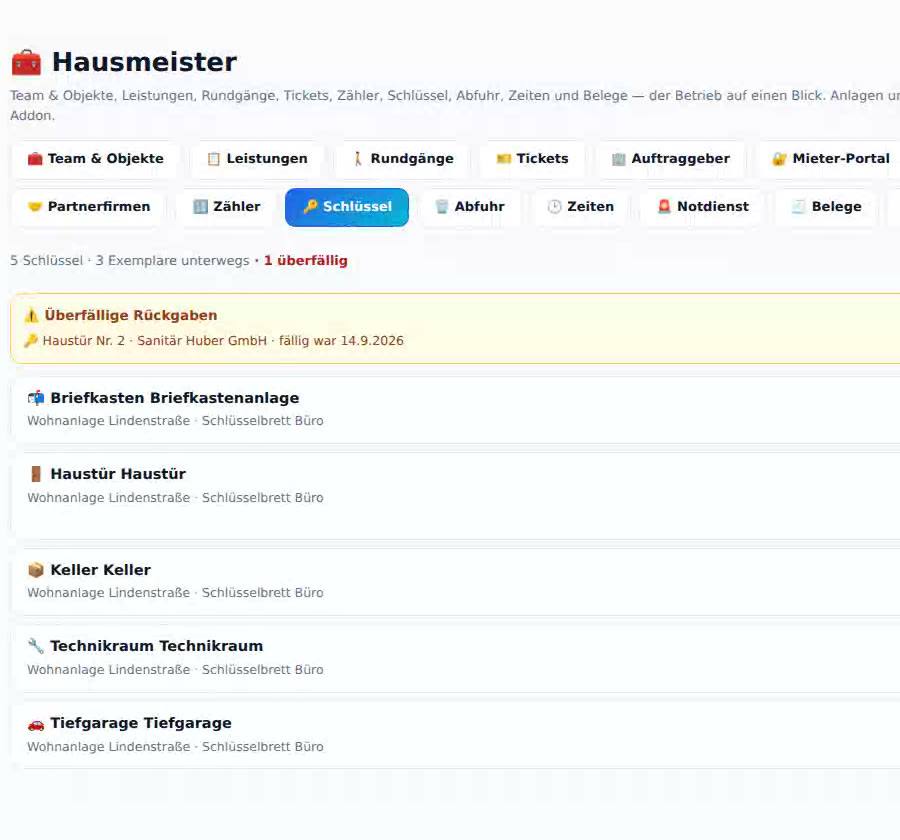 Büro: Haustürschlüssel Nr. 5 wird an Elektro Maier GmbH ausgegeben, mit Rückgabefrist und Unterschrift auf dem Bildschirm