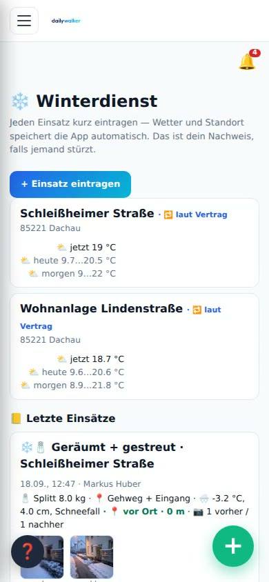 Handy: Räumeinsatz erfassen – Foto vorher und nachher, Maßnahme und Streumittel wählen, Standort wird am Objekt bestätigt