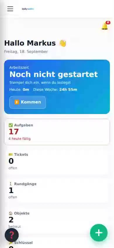 Hausmeister-App: Tag starten, Objekt wählen, Ankunft stempeln – Standort bestätigt